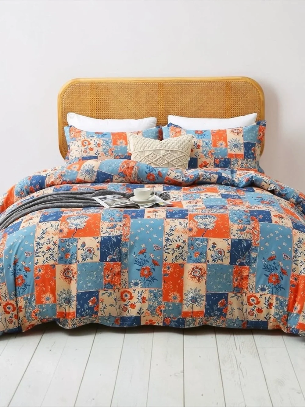 NEW Anthro Colorful Boho Patchwork Floral Queen King Comforter Bedding Sham Set
